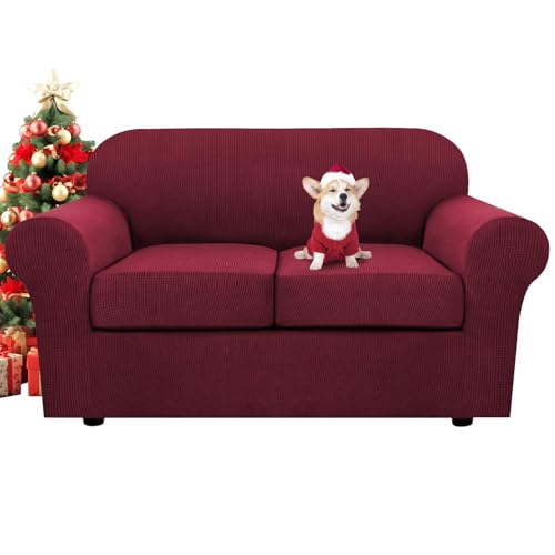 3 Piece Stretch Sofa Covers for 2 Cushion Loveseat Couch Covers for Living Room Furniture Cover (Medium / Burgundy)
