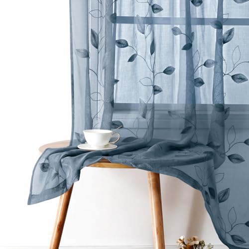 Stone Blue Sheer Curtains Floral Embroidered (52"W x 84"L (Pack of 2) / Stone Blue)