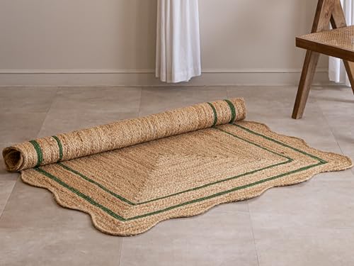 Natural Jute Area Rug Classic Braided Design Soft Textured Durable Easy Clean Low Pile Rug for Living Room Nursery Bedroom Modern Home (Green / 5x8 Feet)