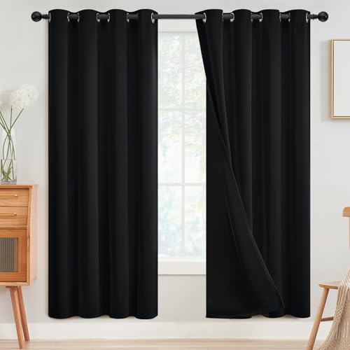 Black 100% Blackout Curtains Room Darkening Living Room 72 Inch (Black / 52"W x 72"L (Pack of 2))