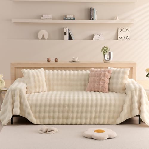 Shaggy Couch Cover for Dogs Rabbit Plush Loveseat Cover Dog Couch Cover Protector Plush Faux Fur Couch Covers for Sectional Sofa Cozy Washable Sofa Covers for Living Room (71" x 118" / Z-plush:beige)