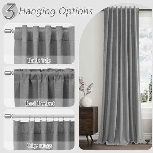 100% Blackout Linen Curtains 72 Inch Length 2 Panels Set for Living Room Bedroom Back Tab Thermal Insulated Black Out Linen Drapes Room Darkening Window Curtains (Dark Grey / 52"W x 72"L (Pack of 2))
