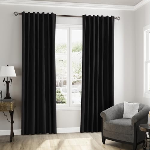 Black 100% Blackout Linen Curtains 102 Inch Length 2 Panels Set for Living Room Bedroom Back Tab Thermal Insulated Black Out Drapes Room Darkening Window Curtains (Black Linen / 52"W x 102"L (Pack of 2))