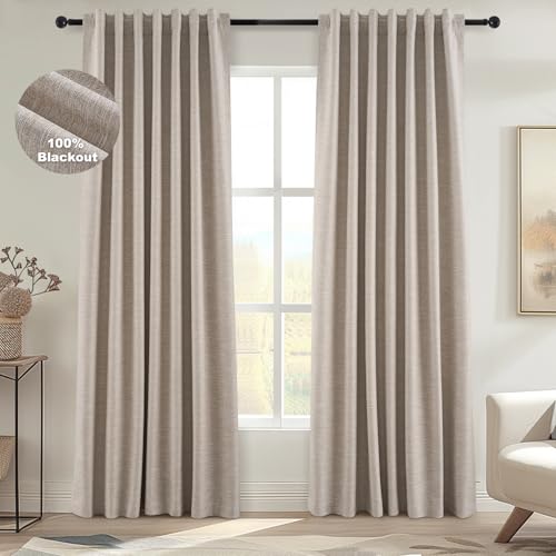 92 Inches Long Taupe Farmhouse Tweed Custom Black Out Drapery Panels (Linen / 52"W x 92"L (Pack of 2))