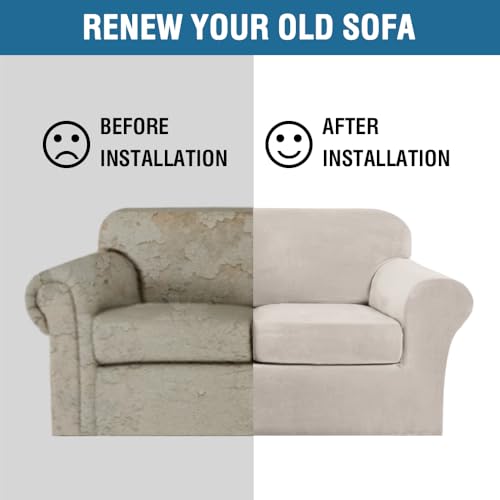 Real Velvet Plush 3 Piece Stretch Sofa Covers Couch Covers for 2 Cushion Couch Loveseat Covers Width Up to 72 Inch Feature Thick Soft Stay in Place (2 Cushion Loveseat / French Oak)
