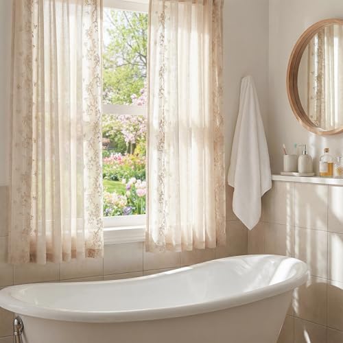 Floral Linen Curtains 63 Inch Farmhouse Back Tab 2 Panels (Vine | Beige / 50"W x 63"L (Pack of 2))