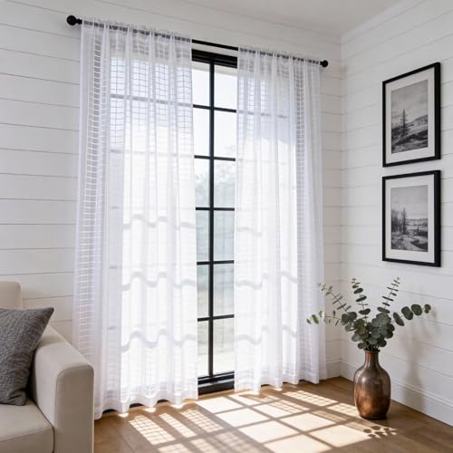 Check Sheer Curtains 45 Inches Long for Living Room (Check - White / 52"W x 45"L (Pack of 2))