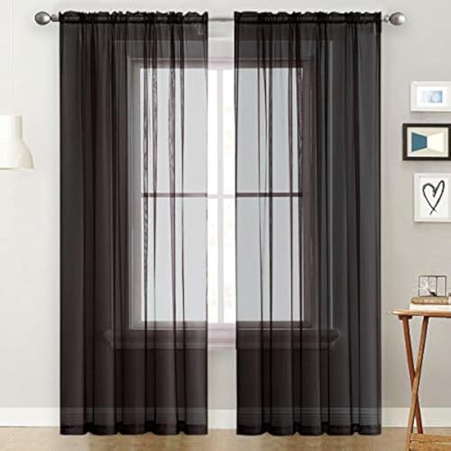 Basic Rod Pocket Sheer Voile Window Curtain Panels White 1 Pair 2 Panels 70 Width 108 Inch Long for Kitchen Bedroom Children Living Room Yard (Black / 70"W x 108"L (Pack of 2))