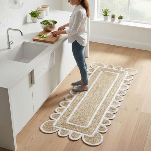 Jute Runner Rug 2x6 Ft with Scalloped Border (Off White / 2' x 6' (Rectangular))