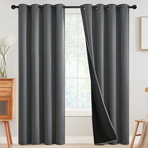 Grey 100% Blackout Curtains Room Darkening Living Room 84 Inch (Grey / 52"W x 84"L (Pack of 2))