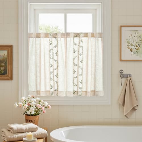 Green Floral Linen Kitchen Tier Curtains 36 Inch (A| Sage / 26"W x 36"L (Pack of 2))