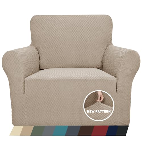 1 Piece Jacquard Chair Slipcovers for Living Room High Stretch Chair Covers with Arms Anti Slip Pets Friendly Couch Sofa Armchair Cover Furniture Protector (Small (31"-46") / Khaki)