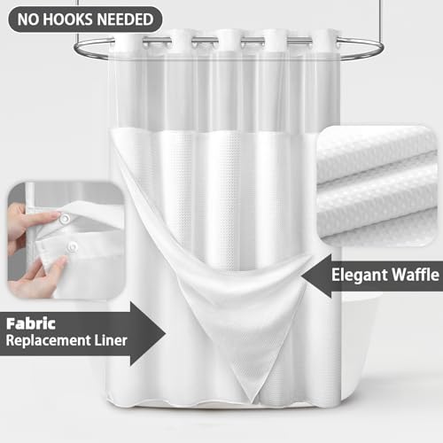 No Hook Shower Curtain with Liner Set Hotel Waffle Curtain White 60W X 75L (White / Stall 60"W x 75"L)