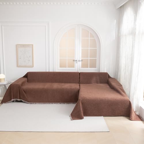 Chocolate Couch Cover Non Slip Dog Sectional Sofa Cover for 3 Cushion Couch Sofa Slipcover with Tassels Futon Cover Non Slip Washable Furniture Protector Cover for Pet (91" x 118" / Chocolate)