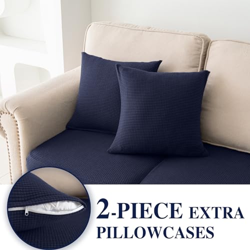 Couch Cushion Covers for Sectional Sofa L Shape Washable Separate Seat Chaise Couch Cover Stretch Sofa Slipcovers with 2 Pcs Pillowcases (Navy / Seat Only: 3 Seat + 1 Chaise)