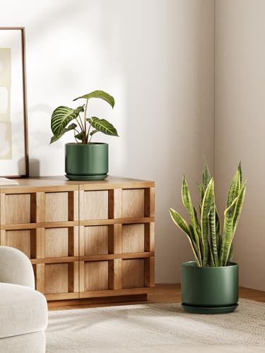 10 + 12 Inch Ceramic Plant Pots (Forest Green / 10"+12")