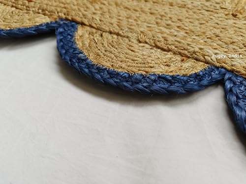 Scalloped Natural Jute Area Rug Natural Base Navy Blue Trim (2'x3' / Navy)