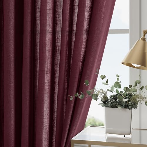 Burgundy Linen Curtains 72 Inch Length for Living Room Semi Sheer Light Filtering Door Drapes 2 Panels Set for Kids Bedroom Light Filtering Back Tab Rod Pocket Modern Farmhouse Decor 52x72 (52"W x 72"L (Pack of 2) / Burgundy)