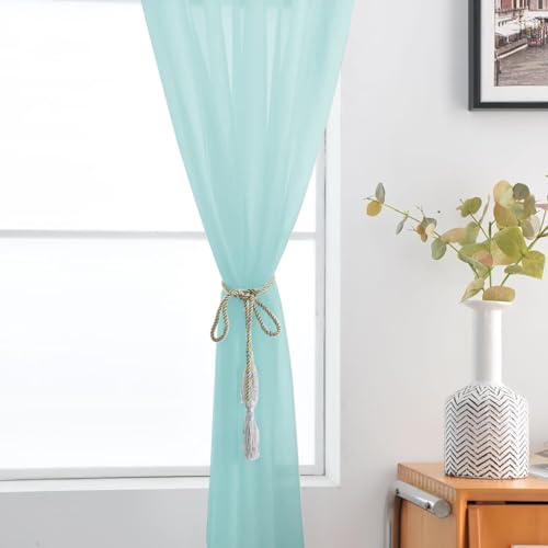 Basic Rod Pocket Sheer Voile Window Curtain Panels Sky Blue 1 Pair 2 Panels 52 Width 108 Inch Long for Kitchen Bedroom Children Living Room Yard（Sky Blue (Sky Blue / 52"W x 108"L (Pack of 2))