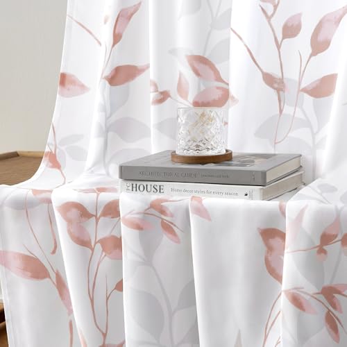 Non-See-Through Pink and White Privacy Sheer Curtains (Leaves-pink / 52"W x 84"L (Pack of 2))