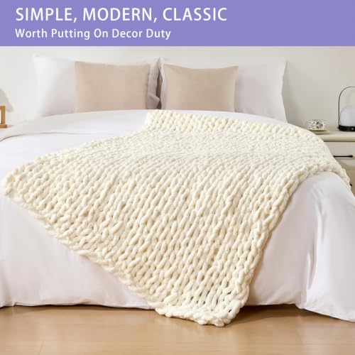 Chunky Knit Throw Blanket for Couch (Ivory / 40"x60" (Medium Size Throw）)