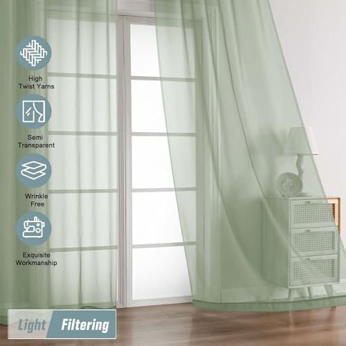 Extra Wide Sheer Sage Green Curtains 84 Inches Long 2 Panels (59"W x 84"L (Pack of 2) / Sage Green)