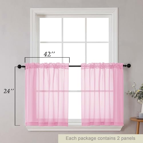 Kitchen Curtains 24 Inch Length Tier 2 Pieces (Pink / 42"W x 24"L (Pack of 2))