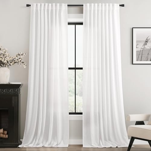 Long White Curtain 108 inches Long 2 Panels Set Back Tab Light Filtering Cotton Textured Curtain Modern Farmhouse Coastal Decor White Linen Drapes 108 inch Length for Large Window 9 FT Tall 60x108 (White / 60"W x 108"L (Pack of 2))