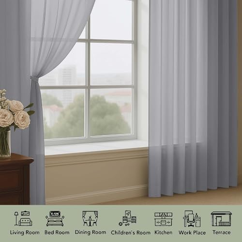 Grey Sheer Curtains 72 Inches Long 2 Panels Set (Grey / 59"W x 72"L (Pack of 2))