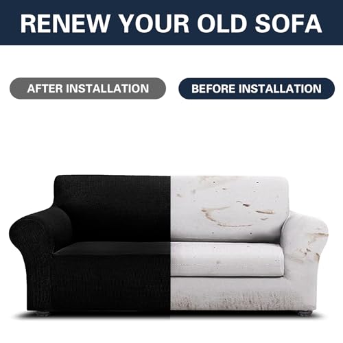 2026 New Stretch Sofa Slipcovers Couch Cover for 3 Cushion Furniture Protector Sofa Covers with Elastic Bottom Jacquard Fabric Small Checks for Pets (Black / Sofa)