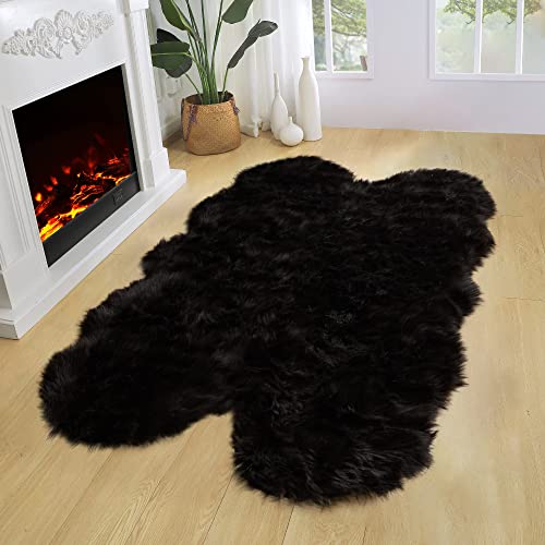 Black Faux Fur 4x6 Area Rug Tapetes para Sala for Bedroom Fluffy Plush Shag Rug for Living Room Furry Rugs Washable Rug Luxury Home Décor (4' x 6' (Sheepskin) / Black)