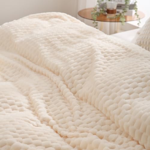 Cream White Throw Blanket 108"×90" Fuzzy 3D Jacquard Decorative (Cream White / 108"×90”)