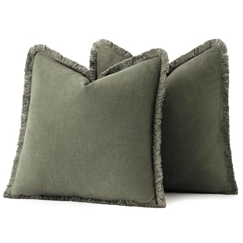Linen Fringe Decorative Euro Throw Pillow Covers Olive Green 24x24 (24" x 24" (Pack of 2) / Olive Green)