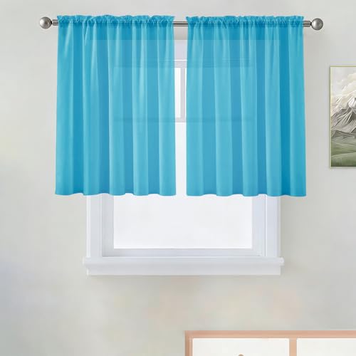 Basic Rod Pocket Sheer Voile Window Curtain Panels Cyan Blue 1 Pair 2 Panels 52 Width 36 Inch Long for Kitchen Bedroom Children Living Room Yard（Cyan Blue (Cyan Blue / 52"W x 36"L (Pack of 2))
