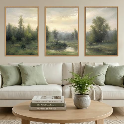 Abstract Monet Forest Canvas Wall Art 24x36 Inch Framed Sage Green Nature Painting Textured Neutral Woodland Landscape Artwork Prints Set of 3 Impressionist Pine Tree River Print for Living Room Bedroom Office (Abstract Monet Forest / 36"L x 24"W)