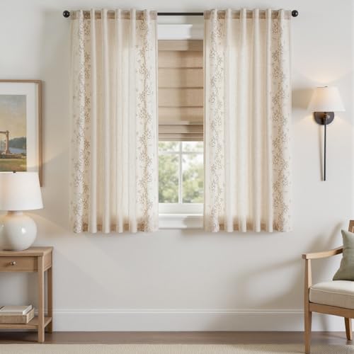 Floral Linen Curtains 63 Inch Farmhouse Back Tab 2 Panels (Vine | Beige / 50"W x 63"L (Pack of 2))