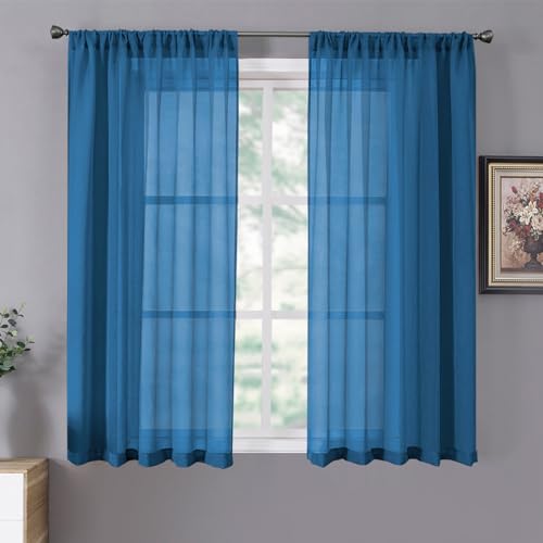 Sheer Curtains Linen Textured Living Room Curtain Sheers Light Filtering Rod Pocket Voile Curtains for Bedroom (42"W x 63"L (Pack of 2) / Classic Blue)
