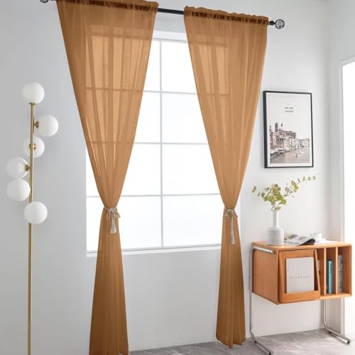 Basic Rod Pocket Sheer Voile Window Curtain Panels Light Brown 1 Pair 2 Panels 52 Width 63 Inch Long for Kitchen Bedroom Children Living Room Yard（Light Brown (Light Brown / 52"W x 63"L (Pack of 2))