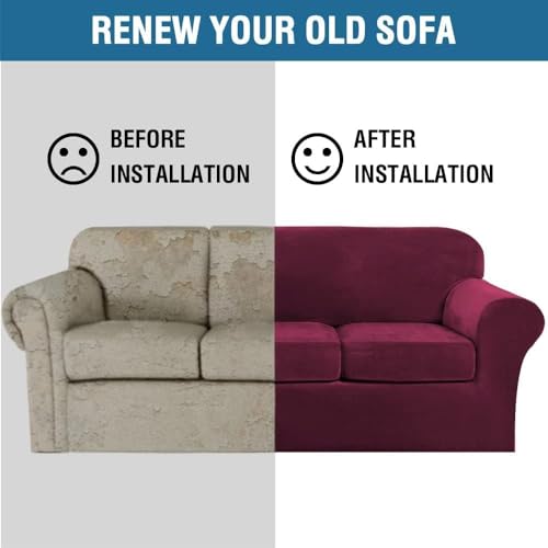 Velvet 4 Piece High Stretch Sofa Slipcover Cover Furniture Protector Form Fit Thick Velvet Extra Large Sofa Cover for 3 Cushion Couch Width Up to 105 Inch (3 Cushion XL Sofa / Wine/Burgundy)