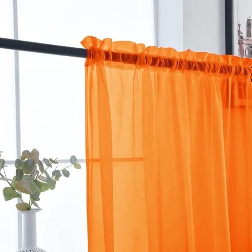 Basic Rod Pocket Sheer Voile Window Curtain Panels Orange 1 Pair 2 Panels 26 Width 24 Inch Long for Kitchen Bedroom Children Living Room Yard（Orange (Orange / 26"W x 24"L (Pack of 2))