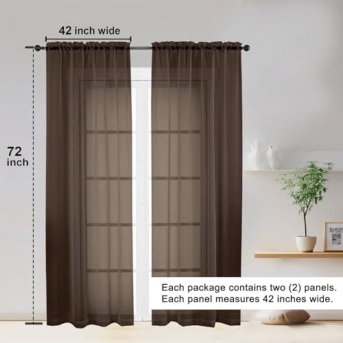Sheer Curtains 72 Inches Long 2 Panels Set (Chocolate / 42"W x 72"L (Pack of 2))