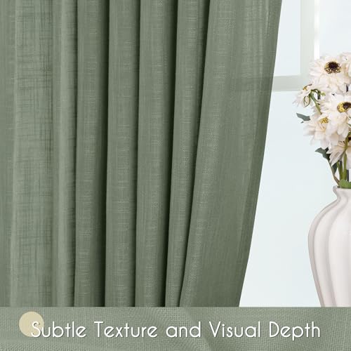 Olive Green Curtains 120 inch Length 2 Panels for Bedroom Back Tab Light Filtering Semi Sheer Drapes Linen Cotton Textured Airy Modern Farmhouse Living Room Sage Aesthetic Decor 52x120 (Olive Green / 52"W x 120"L (Pack of 2))