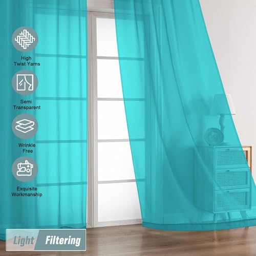 Turquoise Sheer Curtains 90 Inches Long 2 Panels (42"W x 90"L (Pack of 2) / Turquoise)
