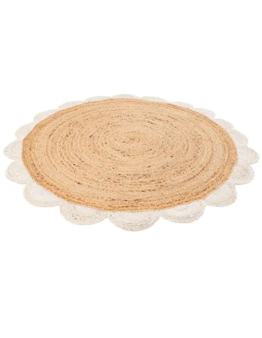 Handwoven Natural Jute Round Rug with Scalloped Edge Braided Boho Area Rug for Living Room (3' (Round)) / White)