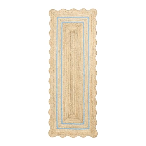 Wave Scalloped Jute Runner Handwoven Hallway Runner Sky Blue 2'x8' (2'x8' / Sky Blue)
