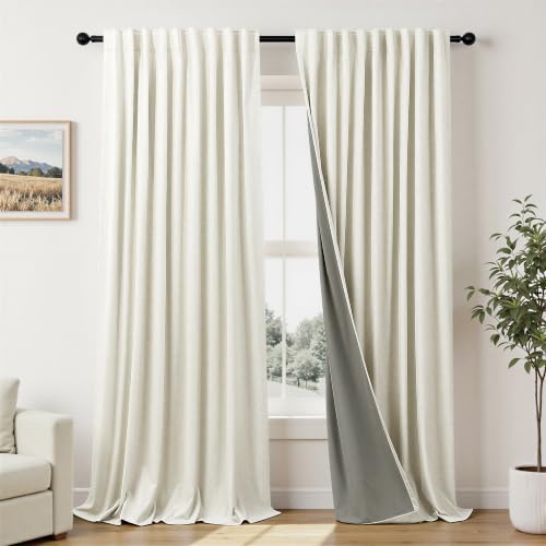Cream Linen Black Out Curtains 70 Inches Extra Wide for Living Room 2 Panels Back Tab Pocket Pleated Ivory Blackout Bedroom for 72 Inches Window Curtain 84 Inch Long Thermal Room Darkening Heavy Drape (Natural / 70"W x 84"L (Pack of 2))