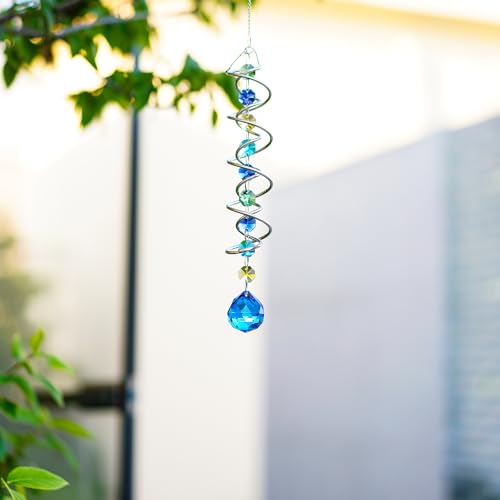 20.5in Sea Blue Crystal Gazing Ball Spiral Wind Spinner Suncatcher (Silver With Blue Ball Drop Prism)