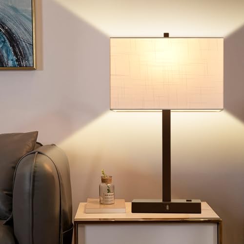 21" Touch Bedside lamps with 2 USB & AC Outlets (White Linen & Brown)