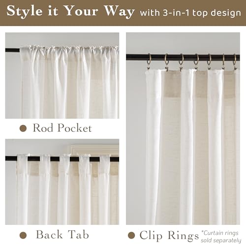 Linen Semi Sheer Curtains for Bedroom Living Room 95 inches Long (Ivory / 52"W x 95"L (Pack of 2))
