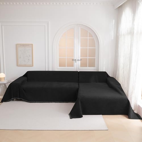Black Chenille Sofa Slipcover Couch Covers for Sectional l Shaped Couch Pets Protector Furniture Covers Futon Cover Super Soft Washable Decorative Couch Covers for 3 Cushion (91" x 118" / Black)